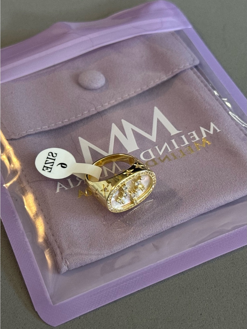 Melinda Maria Gold Zodiac Sagittarius Pavé Ring with White Crystals, size 6